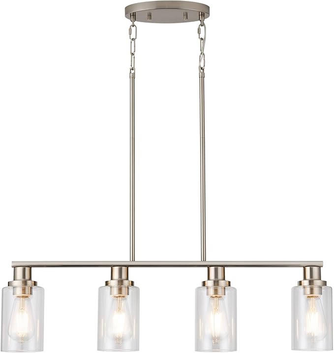 Kitchen Island Lighting, 4-Light Farmhouse Dining Room Light Fixtures Over Table, Linear Chandelier Pendant Lighting for Kitchen Island for Brushed Nickel Finish with Clear Glass Shade