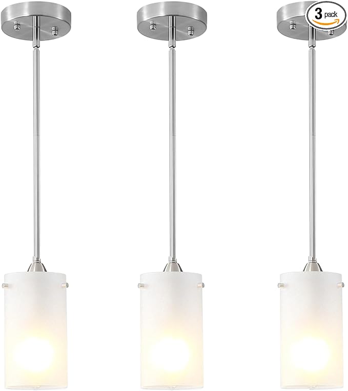 Mini Pendant Light Fixture 1-Light, 3 Pack Brushed Nickel Hanging Ceiling Lights with Opal White Glass, Adjustable Height, Modern Hanging Pendant Lamp for Kitchen Island