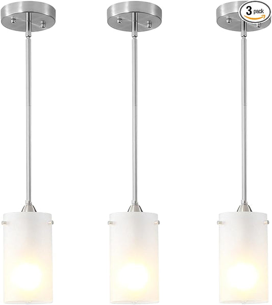 Mini Pendant Light Fixture 1-Light, 3 Pack Brushed Nickel Hanging Ceiling Lights with Opal White Glass, Adjustable Height, Modern Hanging Pendant Lamp for Kitchen Island