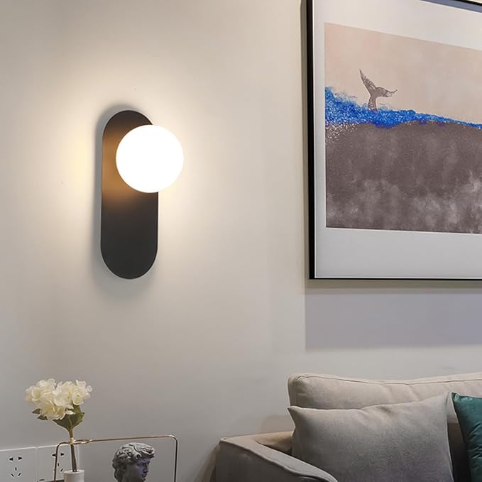 Black Globe Wall Light,Art Deco Flush Mount Glass Sconce Indoor,Minimalist Kitchen Light Fixture,Vintage Style Wall Lamp for Hallway Living Room and Office