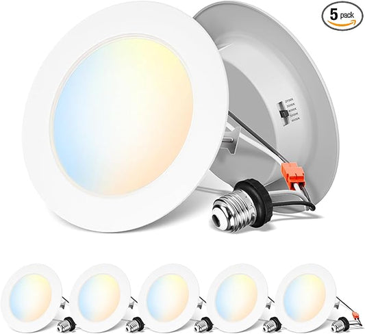 ANWIO Recessed Lighting 4 Inch, 5CCT Flat Retrofit LED Recessed Lights Can Needs, 2700/3000/4000/5000/6000K Selectable Can Lights 7W(85W Equivalent) CRI 80+ Dimmable E26 Base IC Rated & ETL 5 Pack
