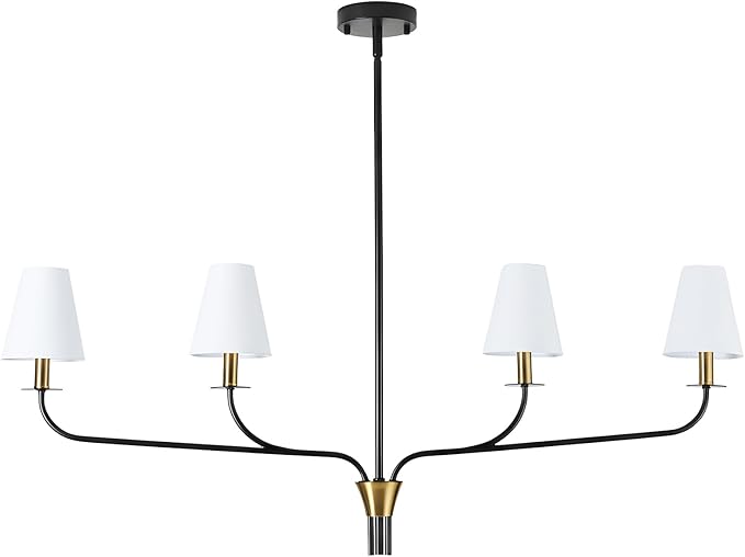 Modern 42" Linear Chandelier for Kitchen Island & Dining Room - 4-Light Black and Gold Finish with White Fabric Shades, Adjustable Hanging Pendant Light Fixture, E12