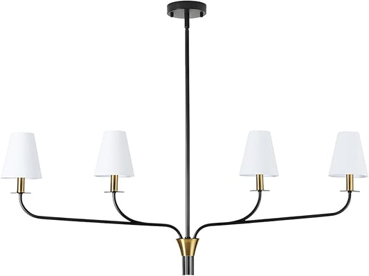 Modern 42" Linear Chandelier for Kitchen Island & Dining Room - 4-Light Black and Gold Finish with White Fabric Shades, Adjustable Hanging Pendant Light Fixture, E12