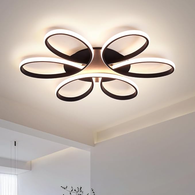 Modern LED Ceiling Light Fixture Black Flush Mount Ceiling Lamp with Remote Control Dimmable 6 Rings Flower Shaped Ideal for Living Room Bedroom Dining Room Kitchen(95CM/37.4IN)
