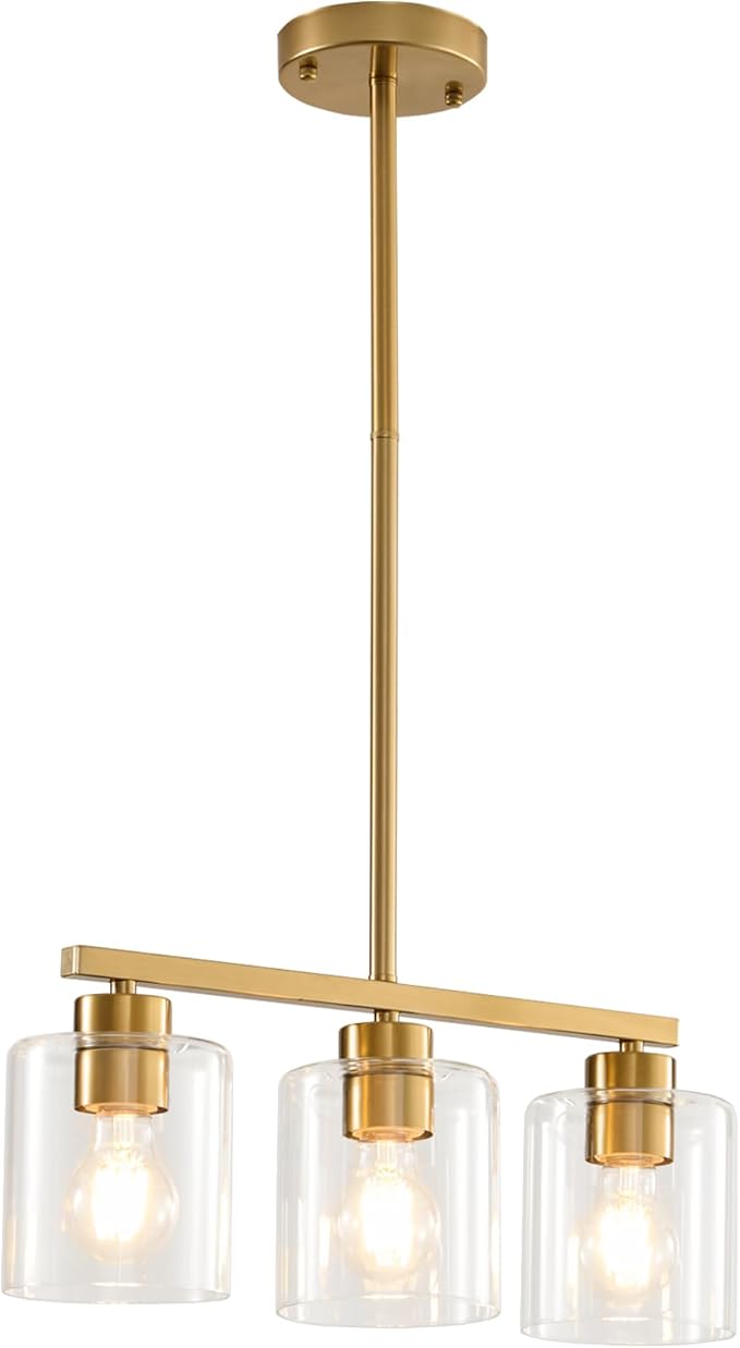 3-Light Gold Kitchen Island Lighting, Gold Pendant Light Fixture, Farmhouse Dining Room Light Fixtures Over Table, Modern Hanging Light Fixtures with Clear Glass, E26 Base, Bulbs Not Included