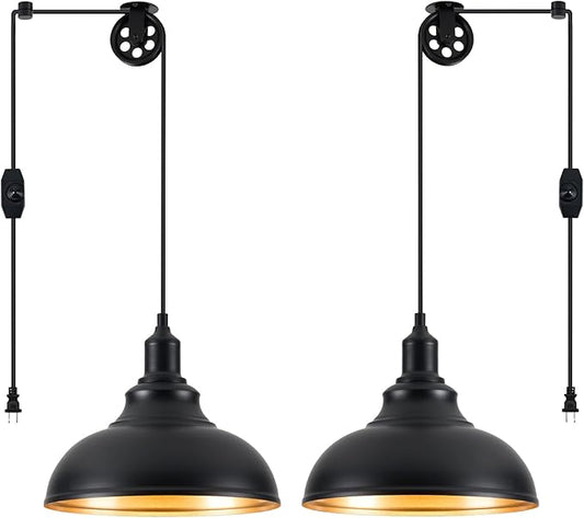 Black Pendant Light Hanging Lamps for Living Room Plug in 15FT Dimmable Switch Adjustable Pulley Hanging Lights with Cord for Kitchen Bedroom 2 Pack