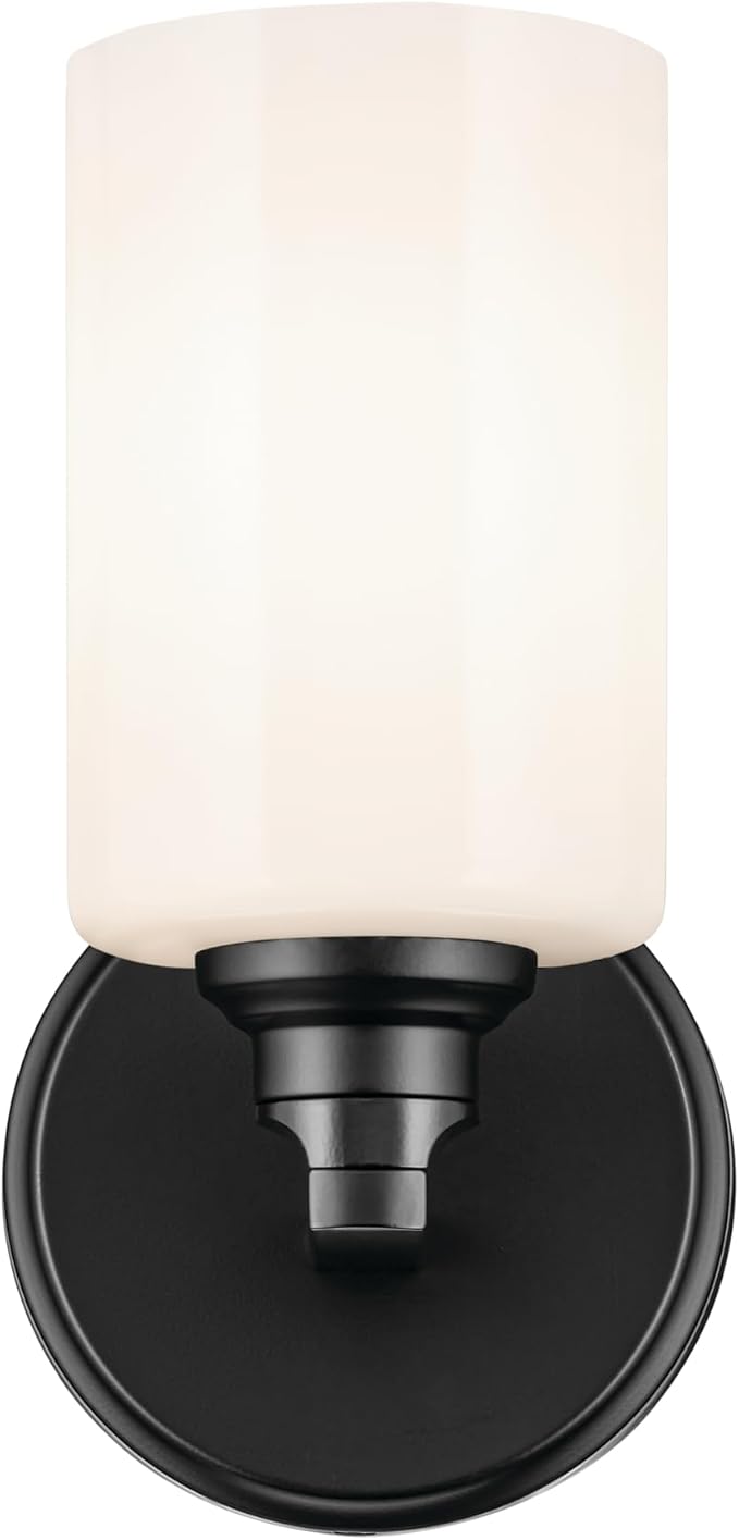 Kichler Gioe 5" 1-Light Wall Sconce Bathroom Light Fixture with Opal Glass in Black, Damp Rated for Powder Room, Kitchen, Hallway, Bedroom (5" x 9.5" x 5"), 55224BK