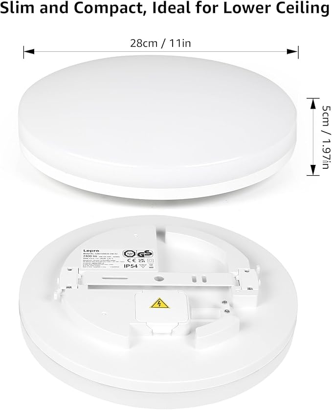 Lepro 11 inch 24 watt Flush Mount LED Ceiling Light 2400 Lumen 200 watt Equivalent, Waterproof, 3000 Kelvin Soft Warm White Bright Ceiling Fixture for Bedroom, Bathroom, Kitchen,Laundry, Living Room