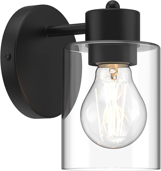 Kalium Wall Sconces, Matte Black Vanity Light Fixtures, Indoor Wall Lights with Clear Glass Shade, Hardwired Farmhouse Wall Lamp for Bedroom Living Room Bathroom (E26 Base 1pcs)