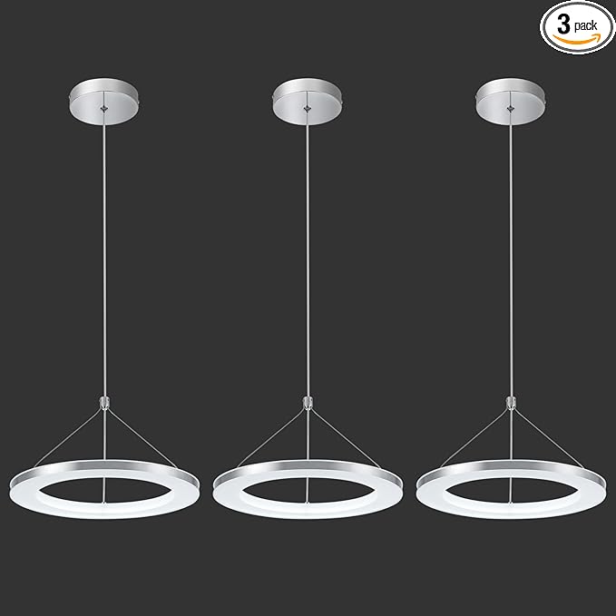 CHYING 3 Pack LED Modern Pendant Lights Kitchen Island, 11.8" 15W Cool White Ring Chandelier, Adjustable Height Silver Hanging Pendant Ceiling Light for Dining Room Bedroom Hallway Entryway, 6500K