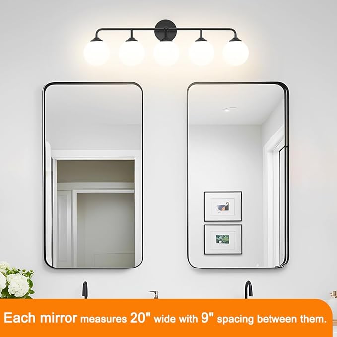 Modern Matte Black 5-Lights Bathroom Vanity Light, Lighting Fixtures Over Mirror with Milky White Glass Ball Shades, Wall Sconces for Bathroom Dressing Table Bedroom