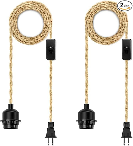LYOOWNG 2Pack Plug in Pendant Light Cord, Farmhouse Hanging Lights with Plug in Cord, 15FT Hemp Rope Plugin Hanging Light Cord Kit with On/Off Switch, E26 E27 LightSocketCord