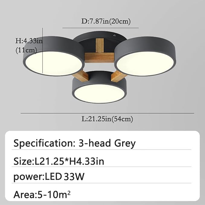 LED Ceiling Light Fixture,Modern Ceiling Lights Flush Mount Wooden Chandelier for Living Room Bedroom Kitchen,Dimmable 3000K/4000K/6000K Temperatures Selectable (Gray, 3 Lights)