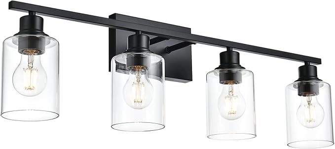 VINLUZ 4-Lights Black Bathroom Vanity Light Fixtures with Clear Cylinder Glass Shade,Industrial Metal Wall Mounted Lighting Over Mirror