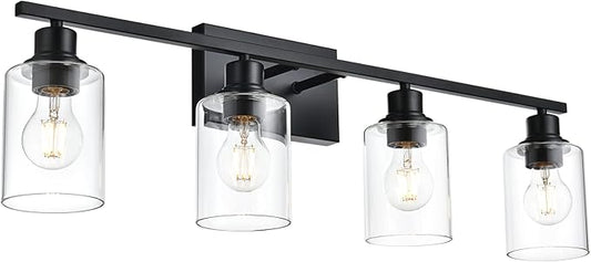 VINLUZ 4-Lights Black Bathroom Vanity Light Fixtures with Clear Cylinder Glass Shade,Industrial Metal Wall Mounted Lighting Over Mirror