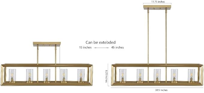 JONATHAN Y 38.5" Brass Gold Linear 5-Light LED Chandelier, Adjustable Clear Glass Shades Modern Pendant Light Fixture for Kitchen Island, Dining Room, ETL Listed (JYL7414C)