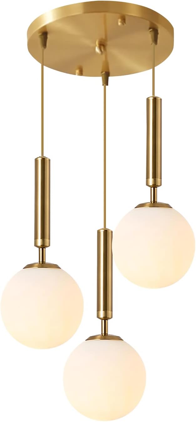 KCO Lighting 3-Lighs Cluster Pendant Lighting Mid Century Gold Globe Pendant Light Large Milk White Glass Chandelier Modern Kitchen Pendant Lighting for Living Room Dining Room