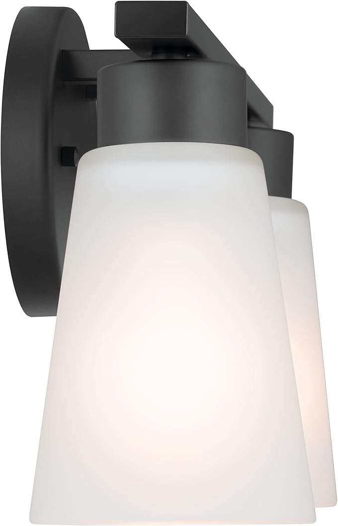 Kichler Stamos 2-Light Bathroom Vanity Light Fixture with Satin Etched Glass Shades, Modern Wall Light in Black for over Mirror Lighting Installation, 13 in x 8 in x 5 in, 55120BK