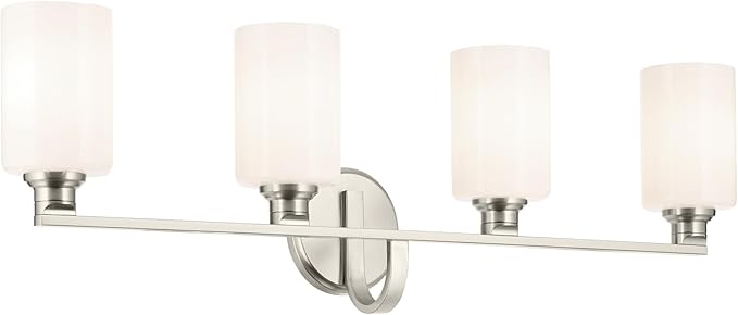 Kichler Gioe 32.25 in 4-Light Bathroom Vanity Light Fixture with Opal Glass in Brushed Nickel, Modern Wall Mount Over Mirror for Powder Room, Damp Rated (32.25 in W x 10.5 in H), 55227NI