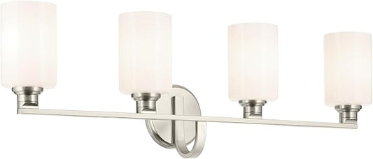 Kichler Gioe 32.25 in 4-Light Bathroom Vanity Light Fixture with Opal Glass in Brushed Nickel, Modern Wall Mount Over Mirror for Powder Room, Damp Rated (32.25 in W x 10.5 in H), 55227NI