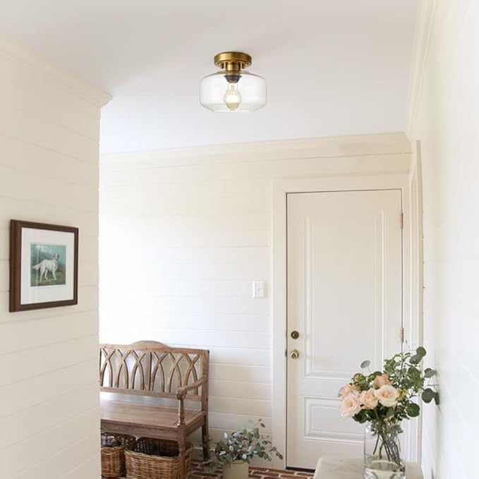 Modern Small Semi Flush Mount Ceiling Light Glass Brass Gold Ceiling Lights Hallway Fixtures, 1-Light