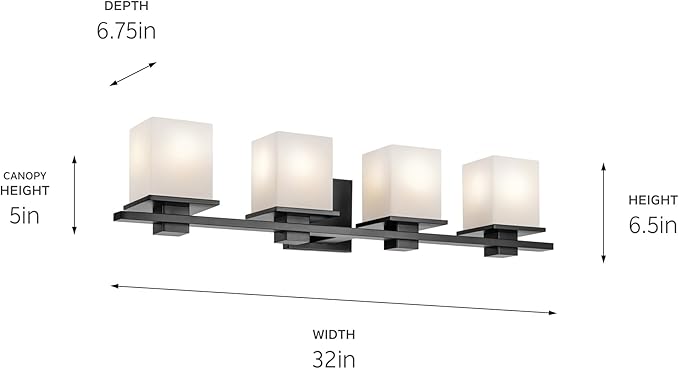 Kichler Tully 32" 4-Light Bathroom Vanity Light Fixture with Satin Etched Cased Opal Glass in Black for Over Mirror, Modern Wall Mount Lighting (32" x 6.5" x 7"), 45152BK