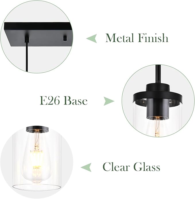 Pendant Lights Fixtures with Clear Glass Black Kitchen Light fixtures 3-Lights Hanging Light for Kitchen Island Dining Room Height Adjustable