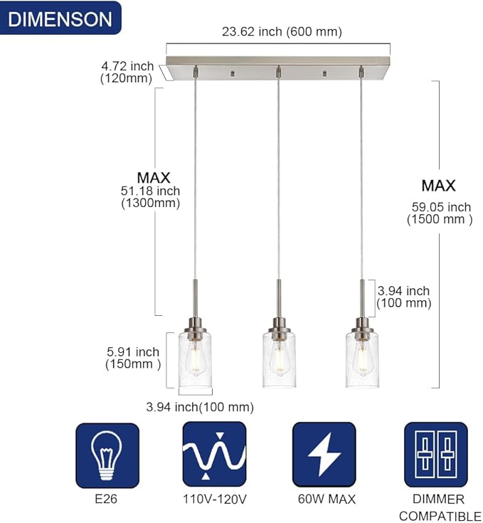 TODOLUZ Industrial Pendant Lighting, 3-Lights Adjustable Height Hanging Light Fixtures with Seeded Glass Shade, Brushed Nickel Kitchen Island Ceiling Light for Living Room Foyer