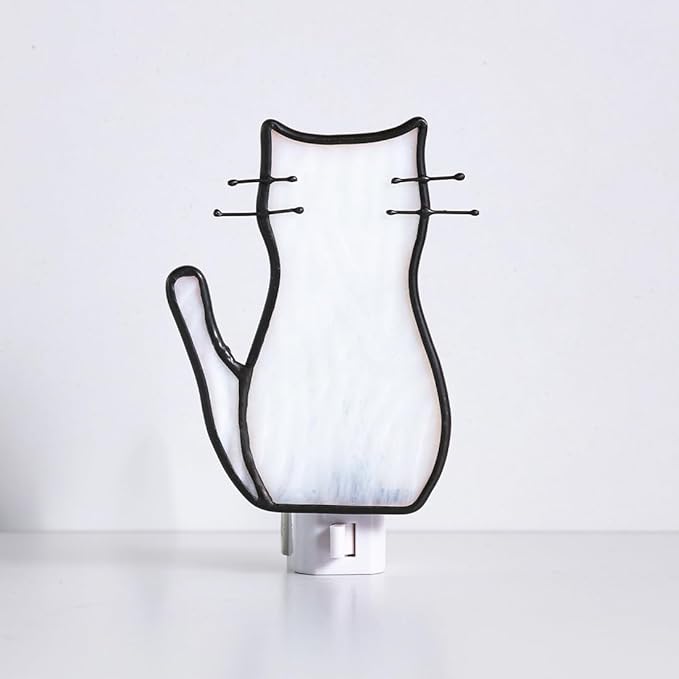 BOXCASA White Cat Night Light, Stained Glass Lamp, Warm Yellow Plug-In Night Light for Living Room, Bedroom, Hallway - Cat Gifts