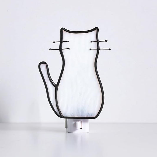 BOXCASA White Cat Night Light, Stained Glass Lamp, Warm Yellow Plug-In Night Light for Living Room, Bedroom, Hallway - Cat Gifts
