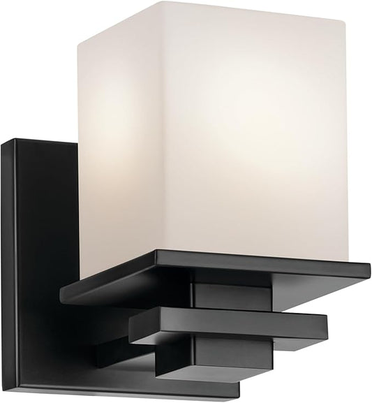 Kichler Tully 6.5" 1-Light Wall Sconce with Satin Etched Cased Opal Glass in Black for Vanity, Living Room, Dining Room, Bedroom, Laundry Room, Mudroom, Hallway, Stairwell (6.5 x 5 x 7"), 45149BK