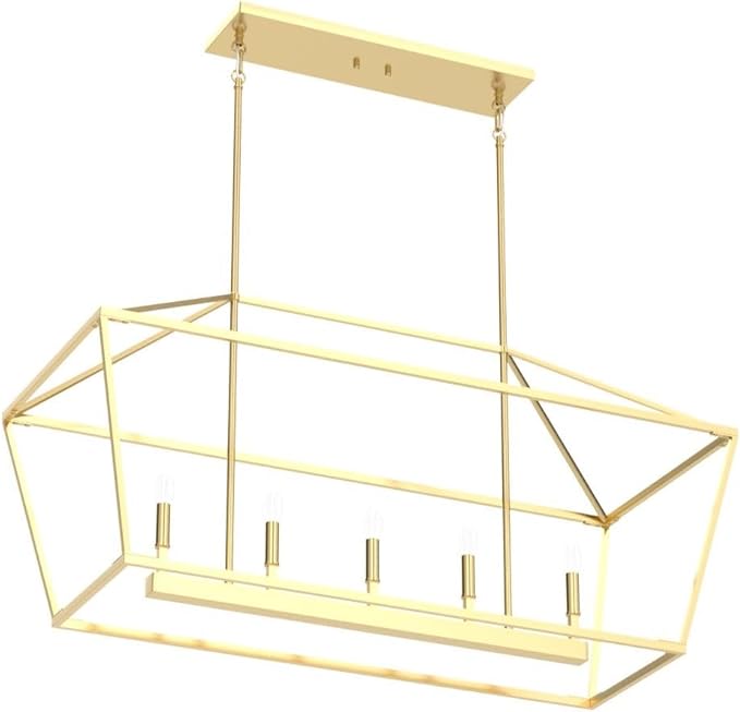 Untrammelife 5-Light Kitchen Island Pendant Lighting Gold Lantern Pendant Linear Chandelier Modern Rectangle Light Fixtures with Adjustable Rod for Dining Table Kitchen