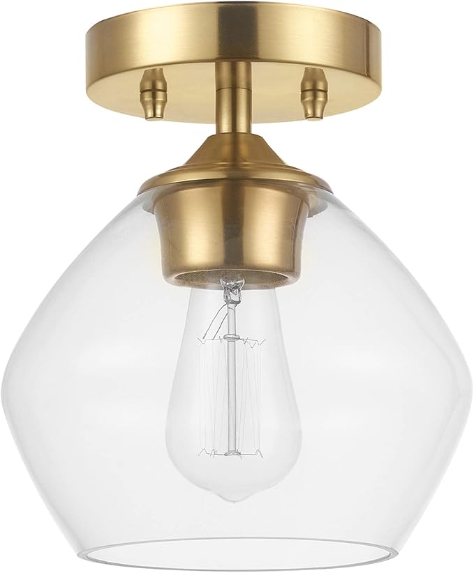 Globe Electric Harrow 1-Light Semi-Flush Mount Ceiling Lighting, Matte Brass, Clear Glass Shade