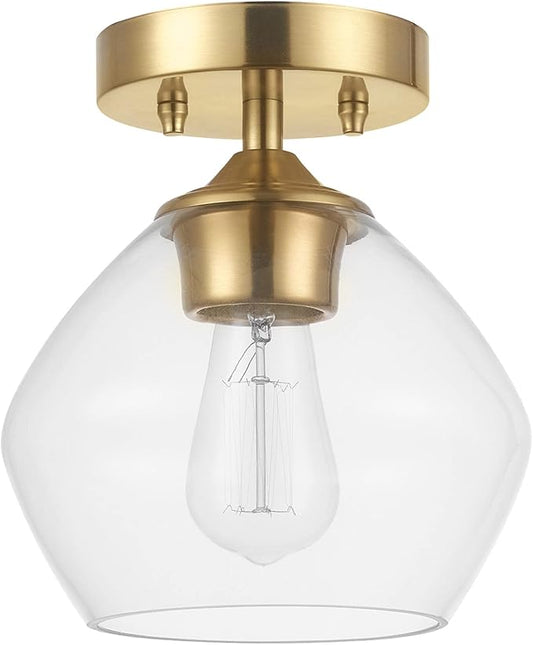Globe Electric Harrow 1-Light Semi-Flush Mount Ceiling Lighting, Matte Brass, Clear Glass Shade