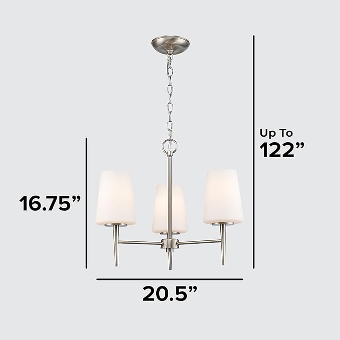 Montgomery 3-Light Chandelier | Brushed Nickel Finish with White Frosted Glass Shade | Adjustable Hanging Height | Uses E26 Medium Base Bulb (Nickel, Chandelier)