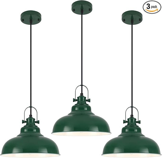 Green Dome Pendant Light, Green Pendant Light Kitchen Island 3 Pack, 11.41 Inch Farmhouse Pendant Lights, Hanging Light Fixture for Kitchen Island, Dining Room, Living Room