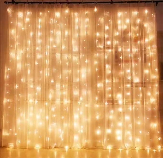 200 LED Warm White Curtain Light for Party/Wedding/Festival/Christmas,Window Blinking String Light for Bedroom/Living Room,USB Plug with 8 Modes(Battery not Included)
