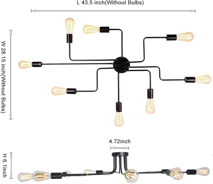 LynPon Black Sputnik Ceiling Light Fixture, 8 Lights Industrial Light Fixtures Semi Flush Mount Ceiling Light Rustic Retro Metal Chandelier Lighting for Kitchen Dining Room Living Room