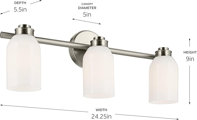 Kichler Shae 3-Light Bathroom Vanity Light Fixture with White Opal Glass, Modern 24.25 in Wall Mount Light Over Mirror in Brushed Nickel for Powder Room (24.25 in W x 9 in H), 55202NI