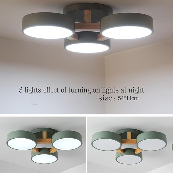 LED Ceiling Light Fixture,21 Inch 3-Lights Modern Ceiling Lights Flush Mount Wooden 33W Chandelier for Living Room Bedroom Kitchen,Dimmable 3000K/4000K/6000K Temperatures Selectable, Green