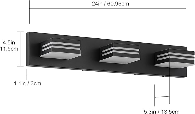 LED Modern Bathroom Vanity Light Fixtures (3-Light, 24-Inch)(5CCT, Dimmable), Matte Black Modern Bathroom Wall Lighting Fixtures Over Mirror (3000K/3500K/4000K/5000K/6000K)