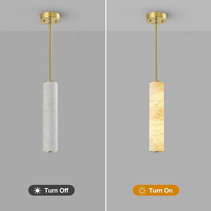 LMQNINE Natural Alabaster Pendant Lights White Marble 15" Long Tube Adjustable Boom Chandelier Modern 3000K Gold Ceiling Light for Kitchen Island Bedroom Dining Room Living Room Hallway(S-1Pack)
