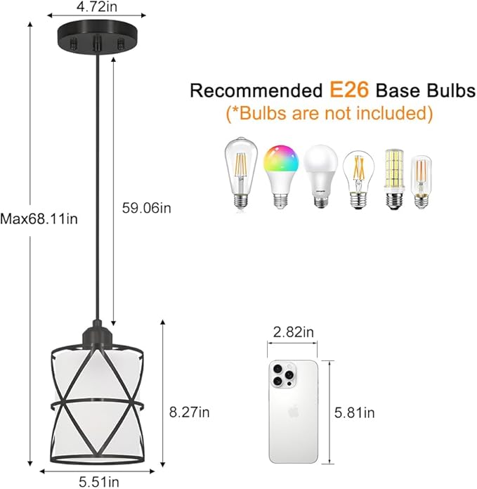 Modern Black Pendant Lights Kitchen Island 2 Pack, Farmhouse Frosted Glass Cylinder Pendant Light Fixture,Island Lights for Kitchen,Pendant Lighting for Home Decor - 5.51 Inch Shade 59.06 Inch Cord