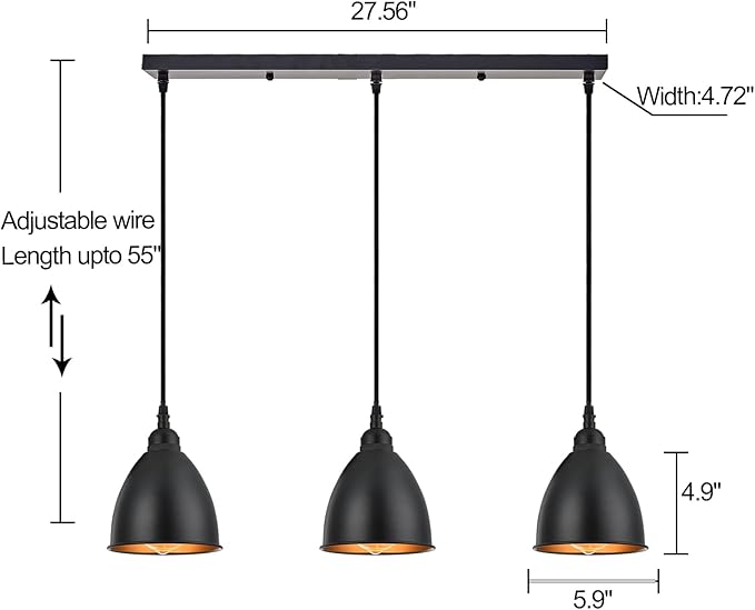 TERLEENART 3-Lights Kitchen Island Pendant Light,Industrial Farmhouse Hanging Chandelier with Matt Black Metal Bell Shade Build-in Golden Color, for Dining Room Table Staircase Hallway