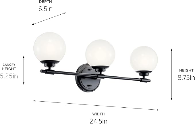 Kichler Benno 3-Light Bathroom Vanity Light Fixture with Opal Glass in Black, Modern Wall Mount Lighting for Bathroom or Powder Room, G9 LED Compatible (8.75 in x 24.5 in), 55172BK