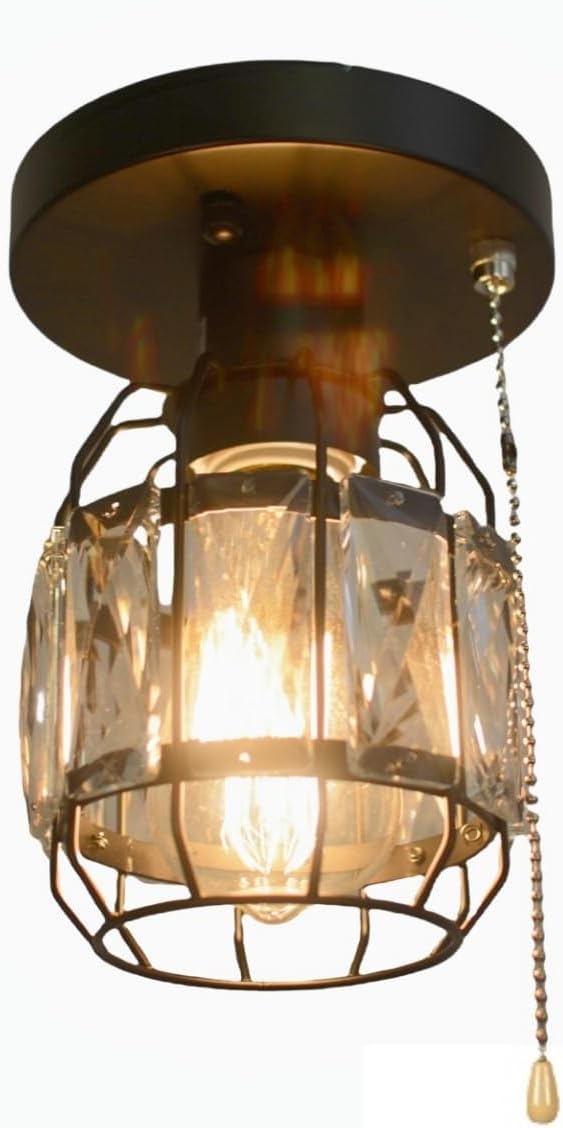 Crystal Cage Pull String Semi Flush Mount Light, 1-Light Black Metal Modern Industrial Ceiling Light Fixture with Pull Chain Small Round Hallway Closet Ceiling Light Edison E26 162