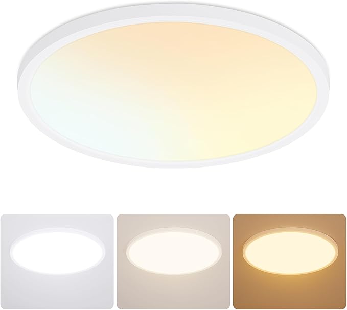 12 Inch Flush Mount Ceiling Light, 24W Dimmable LED Fixture 2400LM, 3000K/4500K/6000K Adjustable, Ultra Thin Round Ceiling Lamp for Bedroom, Kitchen, Living Room, Dining Room, Bathroom, White