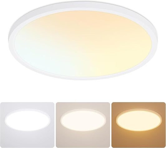 12 Inch Flush Mount Ceiling Light, 24W Dimmable LED Fixture 2400LM, 3000K/4500K/6000K Adjustable, Ultra Thin Round Ceiling Lamp for Bedroom, Kitchen, Living Room, Dining Room, Bathroom, White