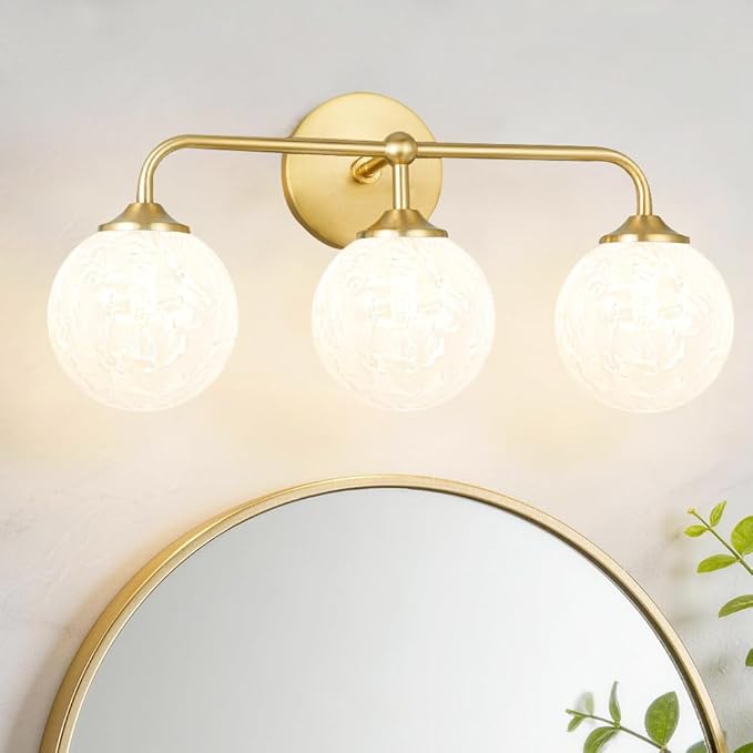 Modern Brushed Gold 3-Lights Vanity Light Fixtures with Carved White Glass Ball Shades, Mid Century Brass Wall Sconce Lighting Fixtures over Mirror, Wall Sconces for Bathroom Dressing Table Bedroom