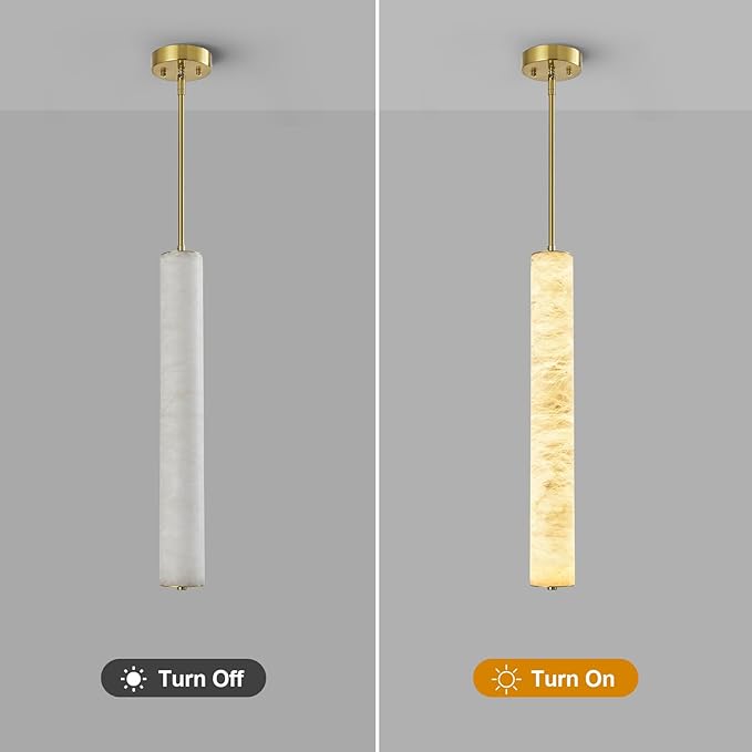 LMQNINE Natural Alabaster Pendant Lights White Marble 24" Long Tube Adjustable Boom Chandelier Modern 3000K Gold Ceiling Light for Kitchen Island Bedroom Dining Room Living Room Hallway(M-2Pack)